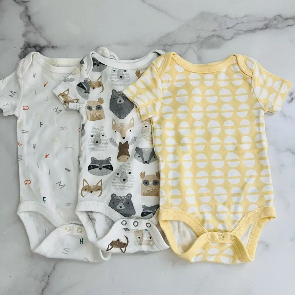 3x Cloud Island short sleeve onesies animal critter alphabet letters yellow geo